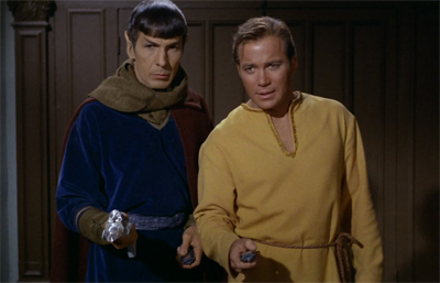 Kirk and Spock decide to disguise themselves as Star Wars characters a decade before A New Hope is released. Ingenious.