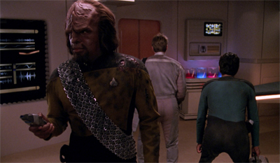 If his uniform had to be damaged, Worf was very disappointed that he never got a sexy midriff tear like Kirk...