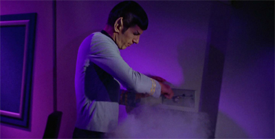 Spock discovers first hand why you don't turn the Enterprise's mood lighting and fog machine on at the same time.