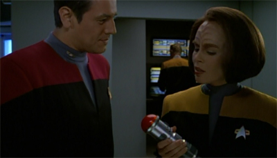 And with that, we're into the "female cast members" point phallic objects at Chakotay section of the episode...