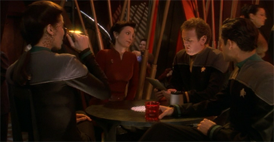 "... and then Riker sent us all down to an alien sex planet where the only minor on the team was sentenced to death." It's Chief O'Brien, a regular Riker raconteur.